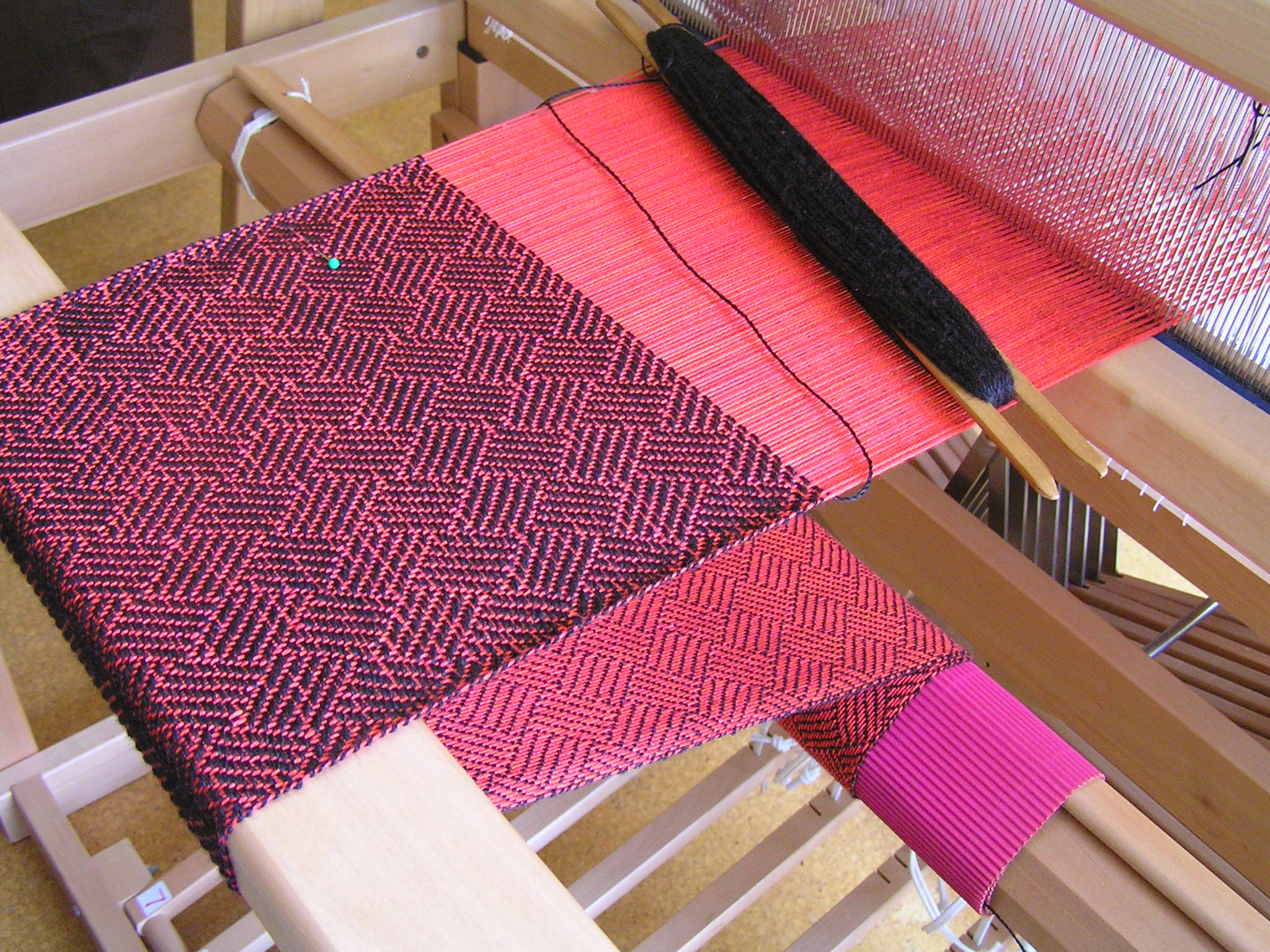 Red silk and black alpaca braided twill scarf in progress